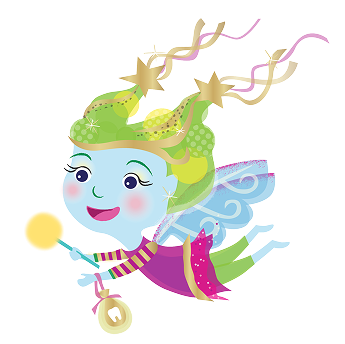 Graphic of Lucy the tooth fairy with wand and tooth pouch