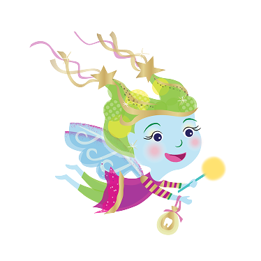 Graphic of Lucy the tooth fairy with wand and tooth pouch